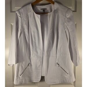 Roz & Ali White Jacket Blazer 3/4 Sleeve Zip Shoulder Pads Open‎ Front 1X